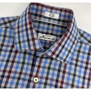 Peter Millar Shirt Men M Plaid Blue Long Sleeve Cotton Button Up
